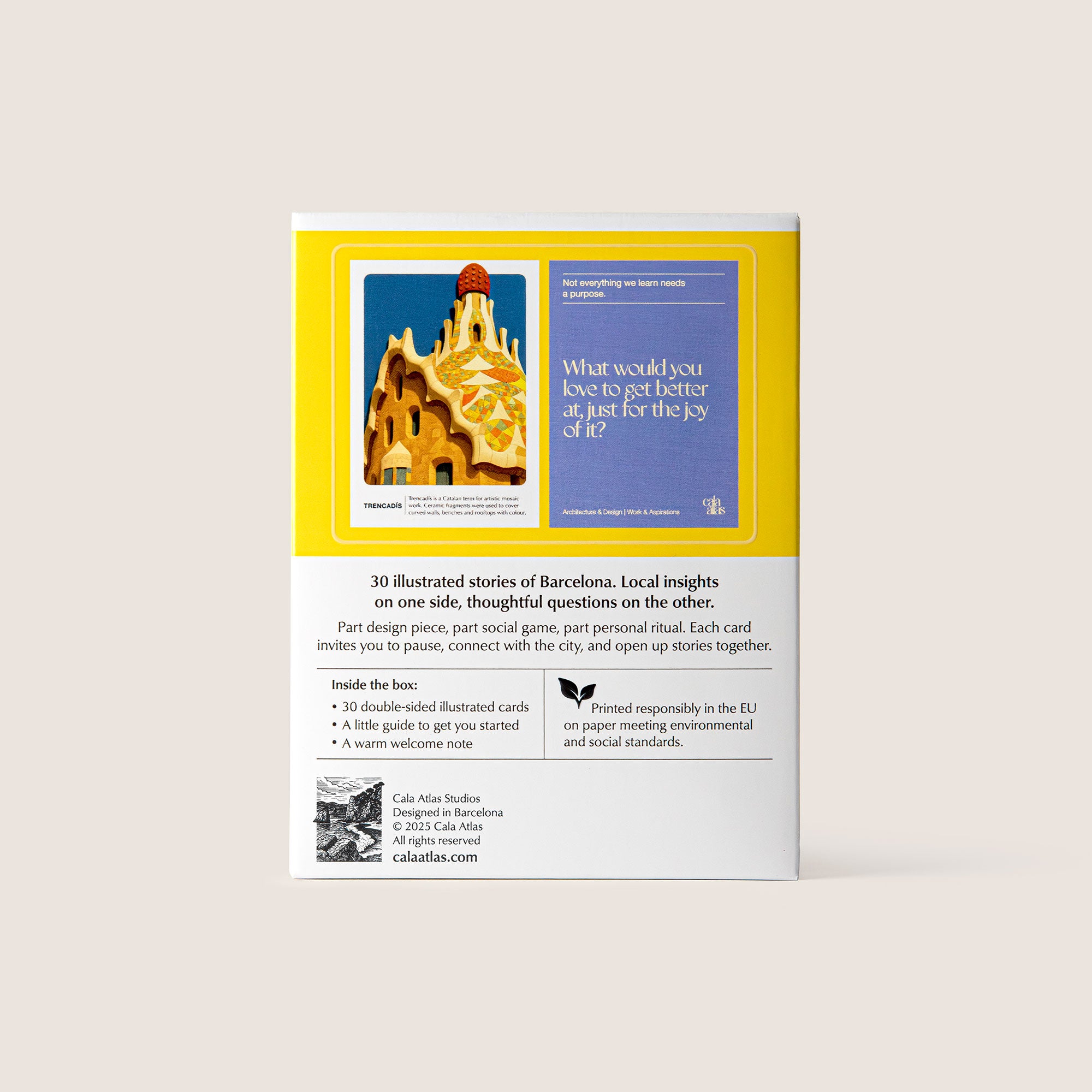 Back of the packaging for the Barcelona Story Deck showing two small illustrations and a brief overview of what’s inside