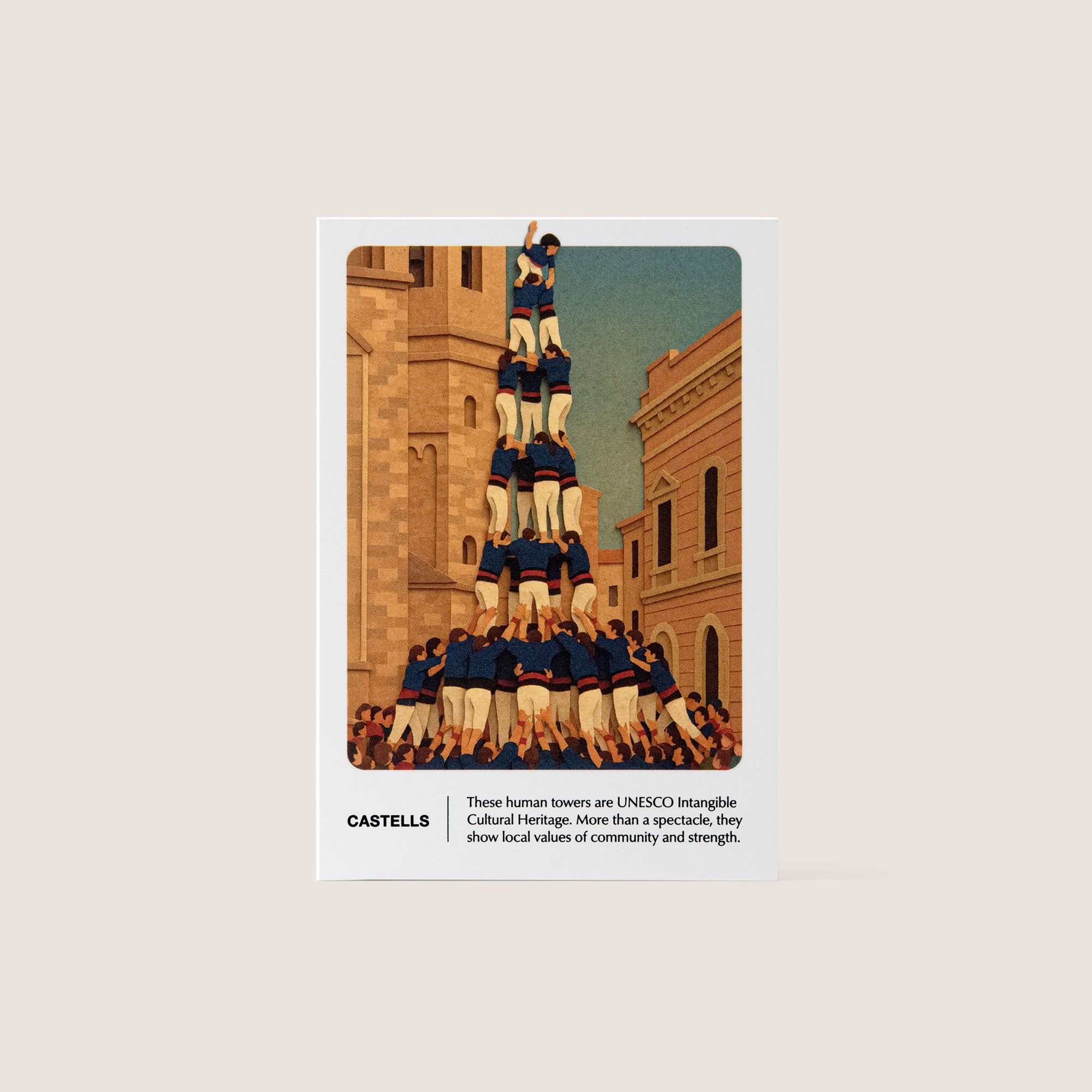 Illustrated Castells card from the Barcelona Story Deck showing a human tower in a city square