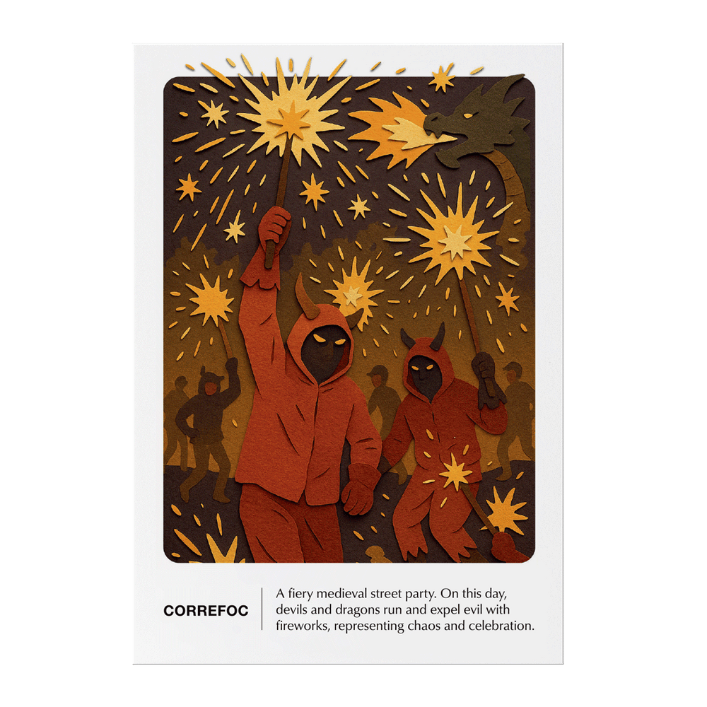 Illustrated Correfoc scene with hooded figures, fireworks and a paper-cut dragon on a card from the Barcelona Story Deck