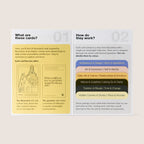 Instruction guide pages showing how the cards work with illustrations and six colour-coded categories