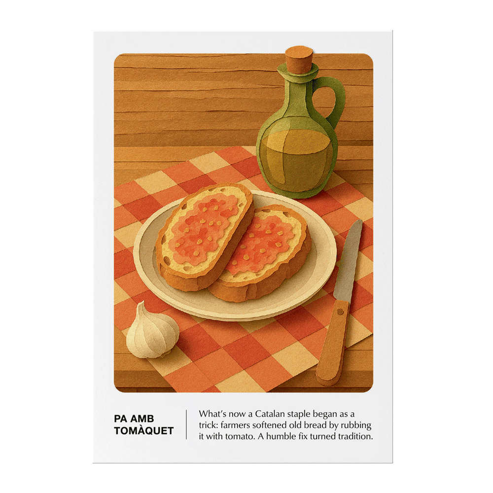 Illustrated card showing bread with tomato spread on a plate, garlic, olive oil bottle, and knife on a checkered tablecloth