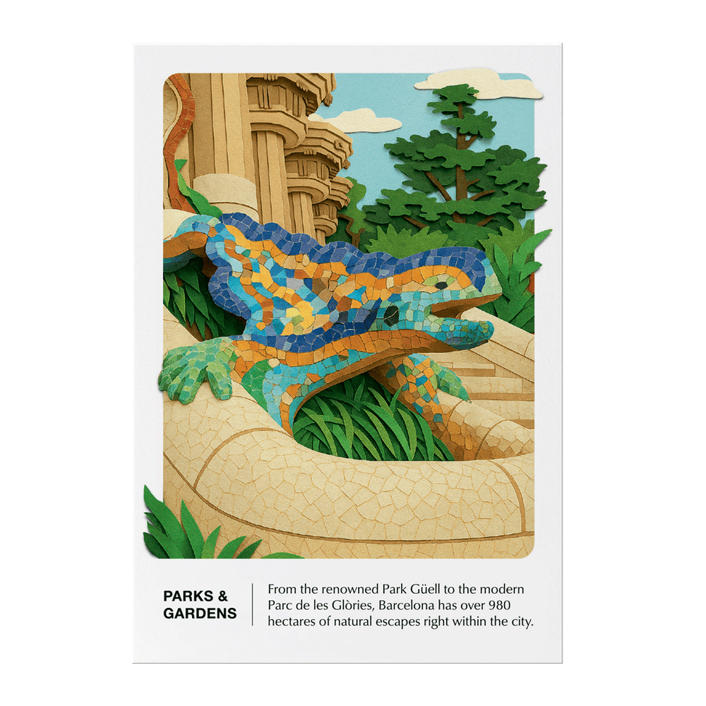 Illustrated Park Güell mosaic lizard from the Cala Atlas Barcelona Story Deck on a white framed layout
