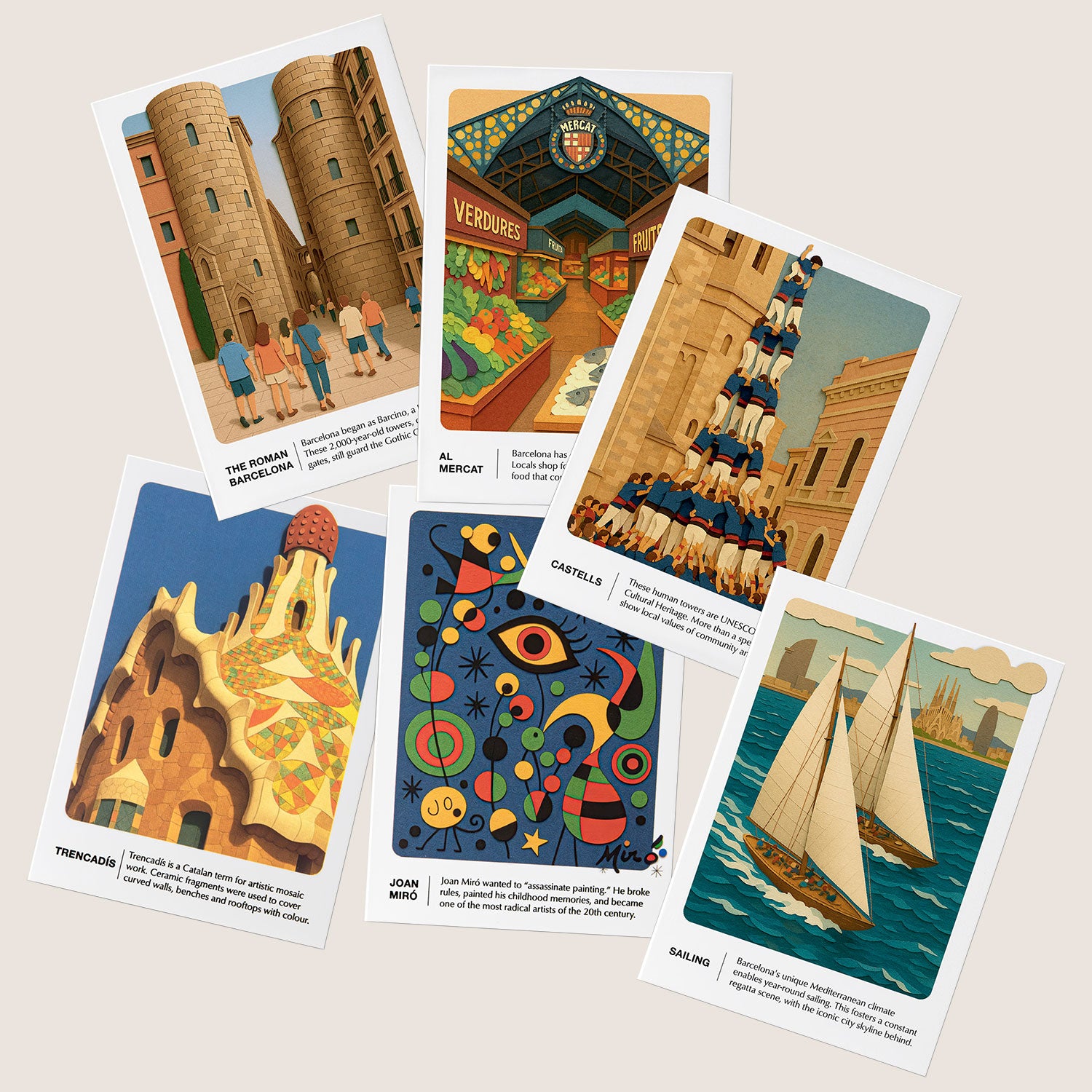 Set of six illustrated cards featuring various scenes and designs on a neutral background