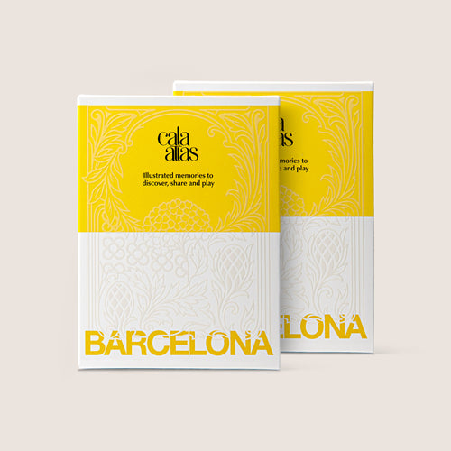 Front view of two Cala Atlas Barcelona Story Deck boxes in yellow and white, showing the embossed pattern and the Barcelona title