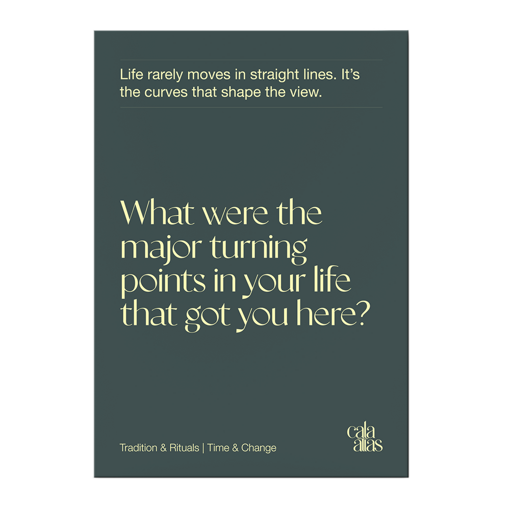 Dark teal card from the Cala Atlas Barcelona Story Deck with motivational quote and question