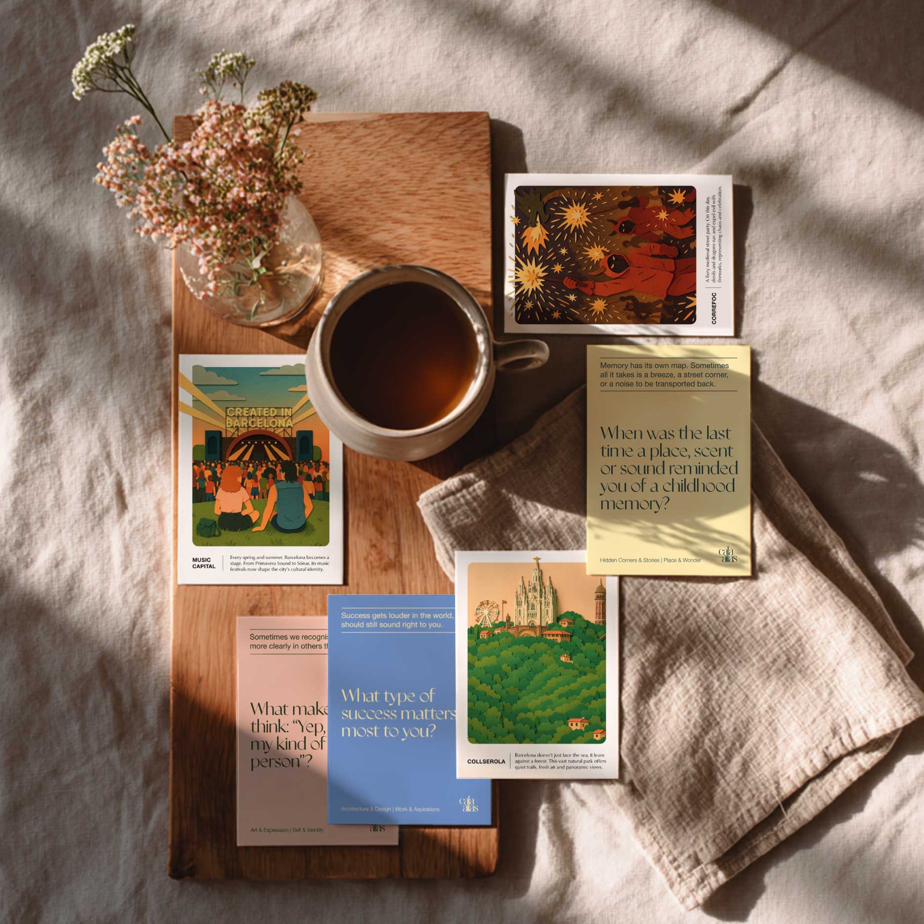 Cup of coffee on a wooden board with Cala Atlas cards and a vase of flowers on a textured surface