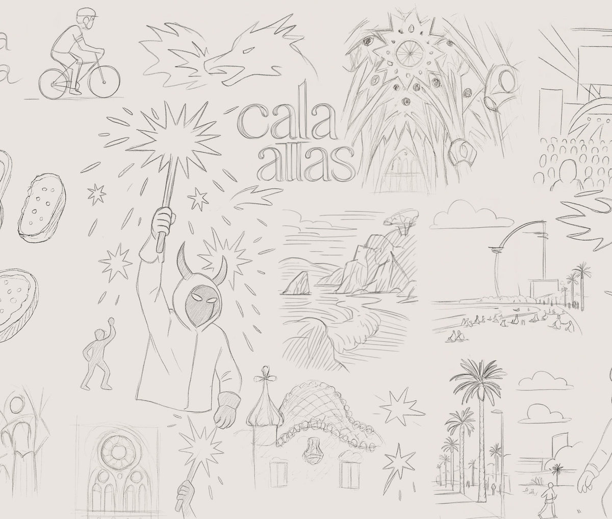 collage of hand-drawn sketches of people, dragons, sparklers, Gaudí buildings, beaches, and other Barcelona-inspired motifs