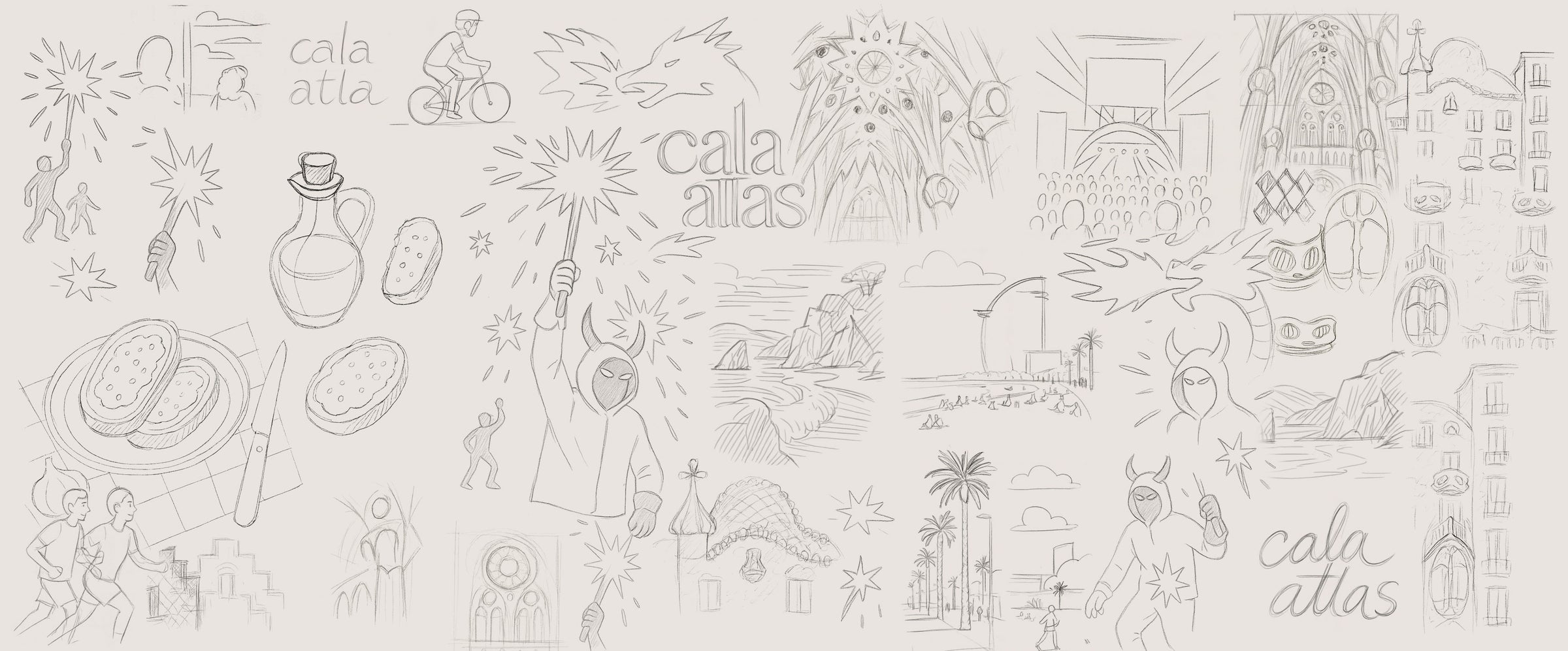 collage of hand-drawn sketches of people, dragons, sparklers, Gaudí buildings, beaches, and other Barcelona-inspired motifs