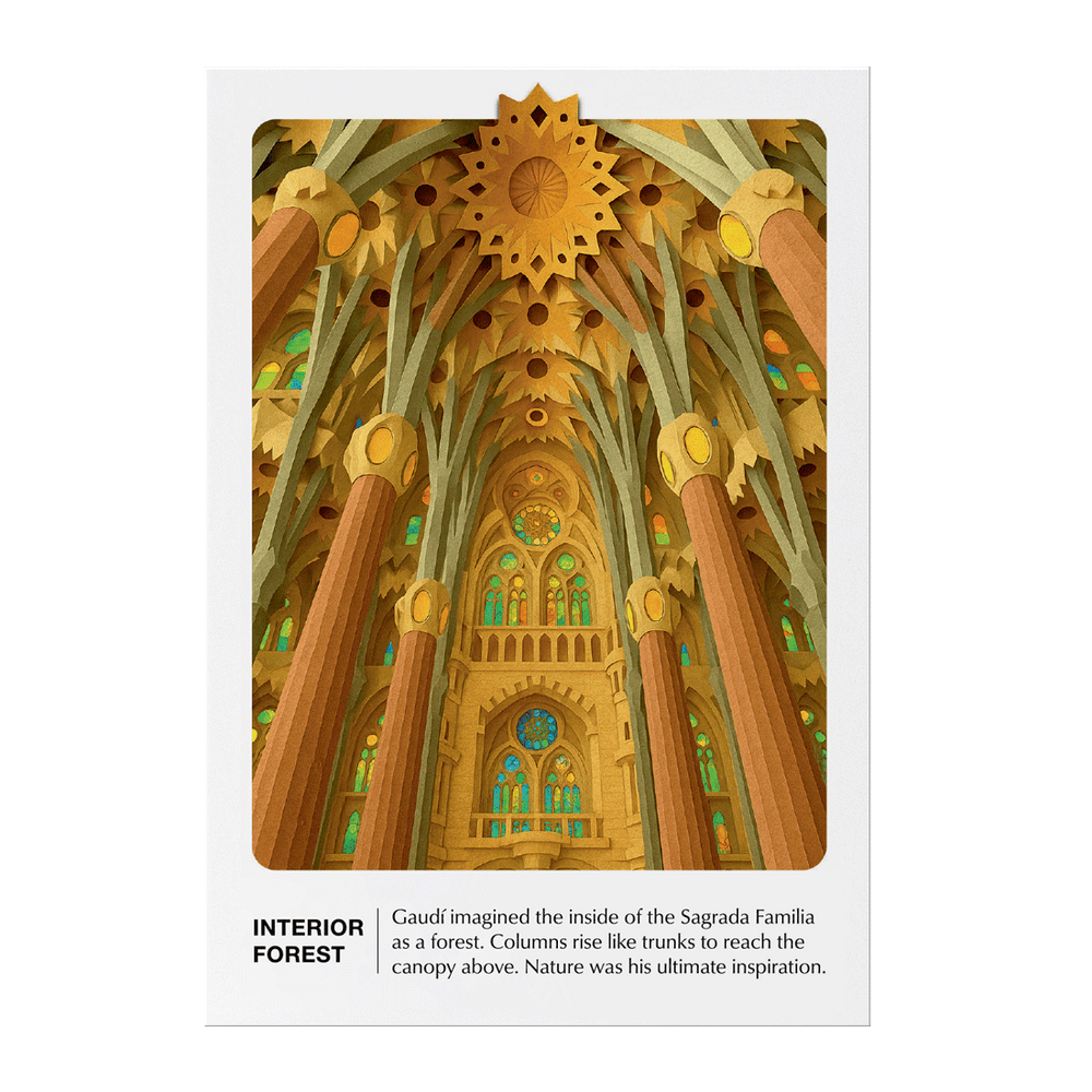 Illustrated card of the Sagrada Familia’s interior from the Barcelona Story Deck