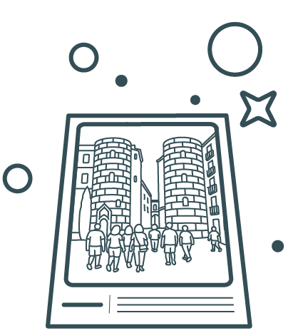 Icon of an illustrated card with small dots floating around it