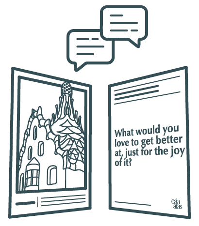 Icon of two standing illustrated cards with speech bubbles above them