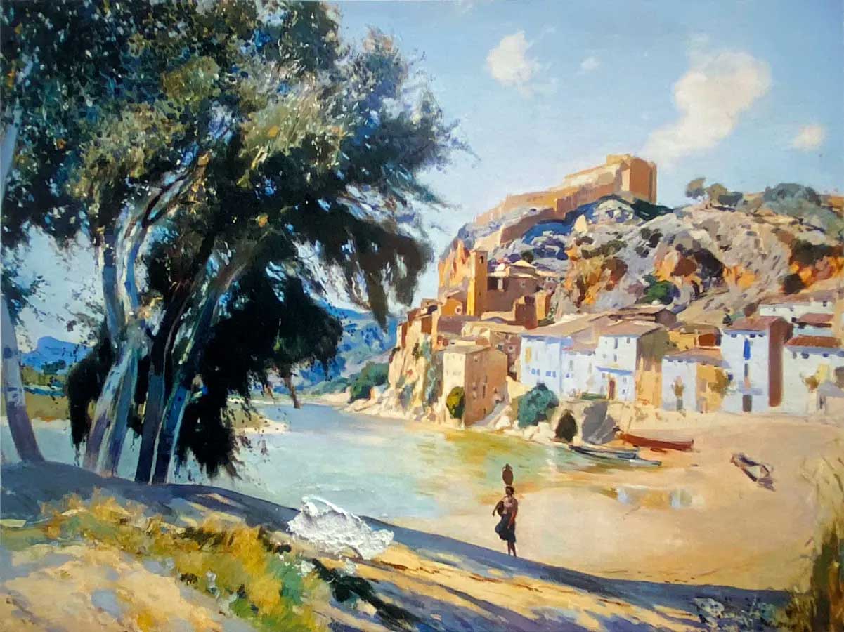 Painting of a riverside town with hillside buildings, a tree in the foreground and a person walking along the shore