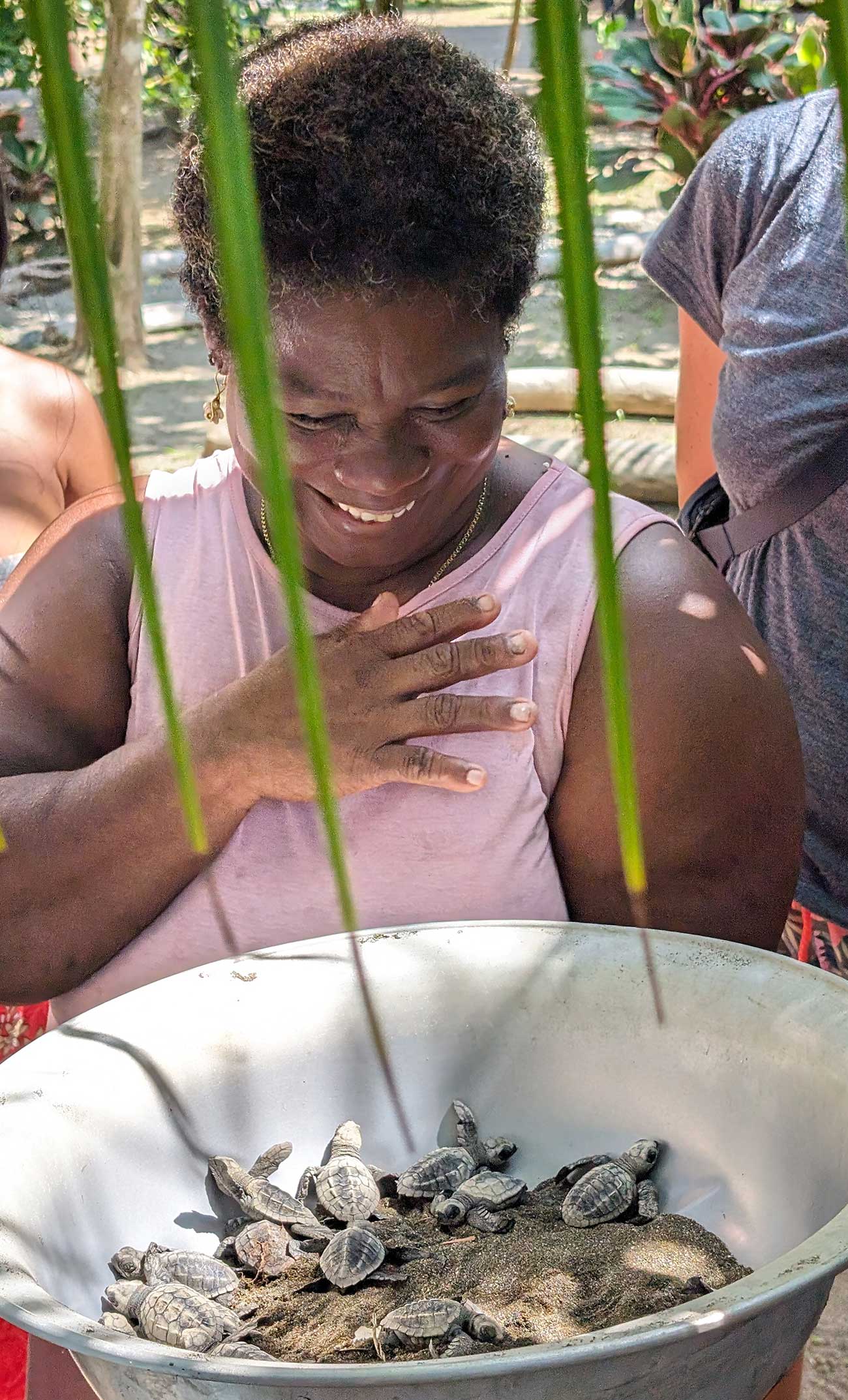 Woman smiling while looking at a large metal bowl filled with newborn sea turtles