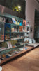 Glass display shelves inside a design store, showing accessories, books and other objects
