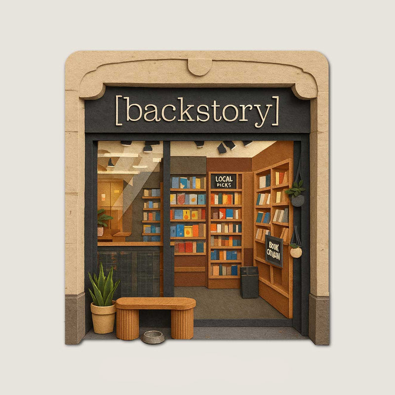 Paper cut illustration of Backstory Bookshop with book displays, interior lighting and front seating bench