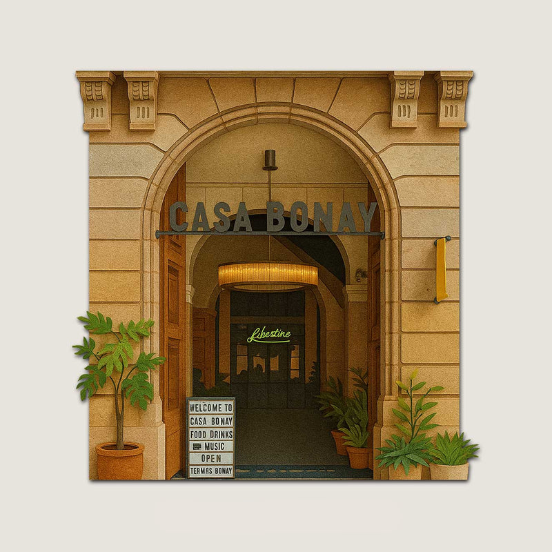 Paper cut illustration of Casa Bonay Hotel entrance with stone arch, plants and lobby signage
