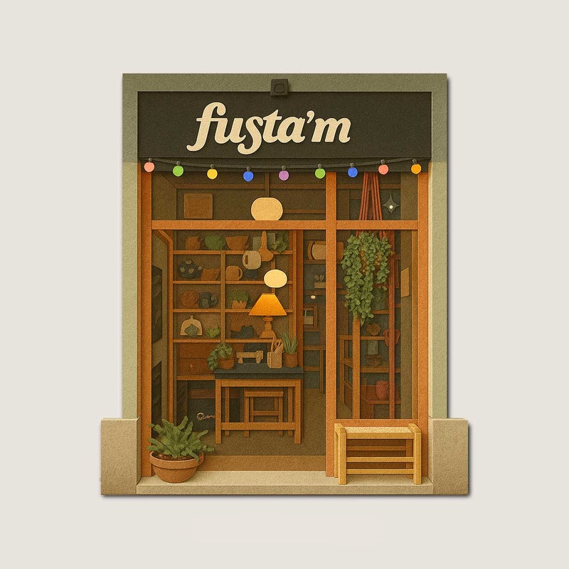 Paper cut illustration of Fusta’m Store with wooden shelves, hanging lights and green plants at the entrance