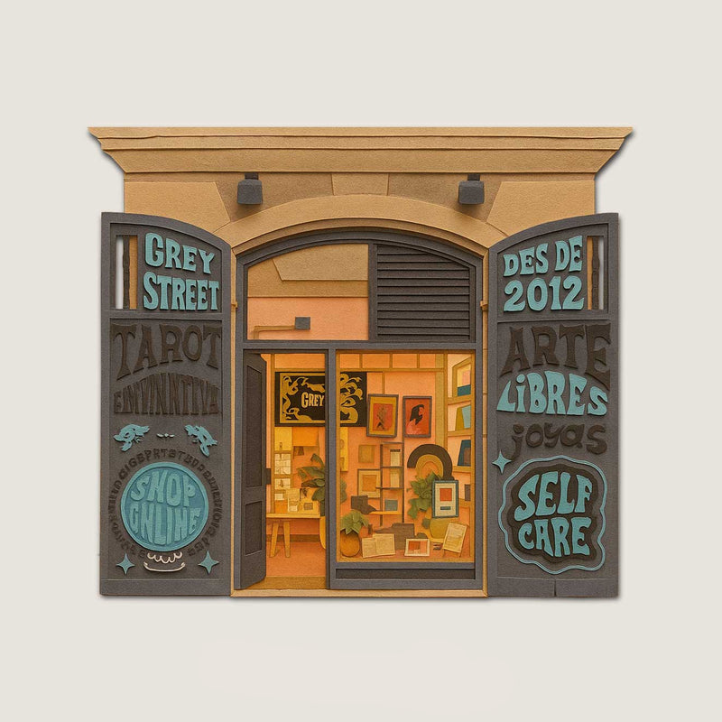 Paper cut illustration of Grey Street Store with wooden doors opened, tarot motifs and interior art displays