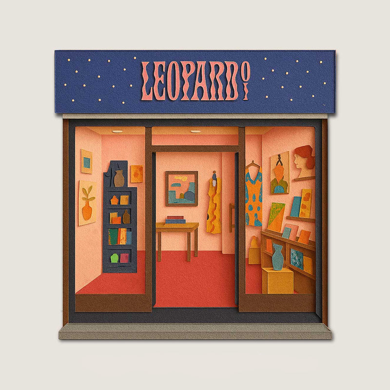 Paper cut illustration of Leopardo Leopardí Store with blue starry sign and colourful interior design pieces