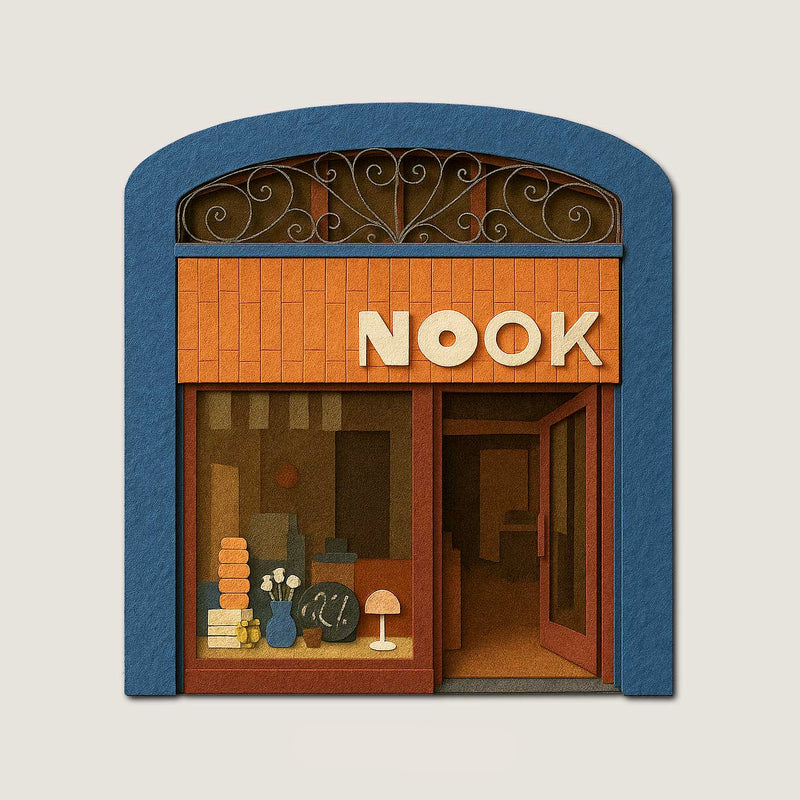 Paper cut illustration of the Nook Store facade with blue arch, wooden panels and interior objects