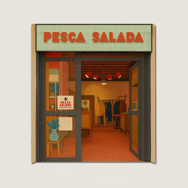 Paper cut illustration of Pesca Salada Store with mint signage, open doors and warm interior lighting