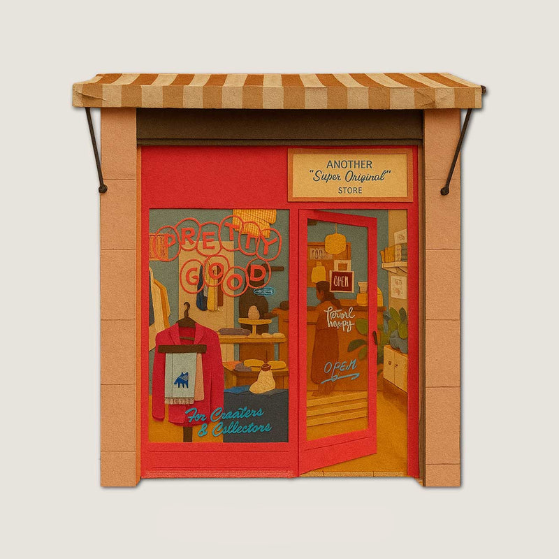 Paper cut illustration of Pretty Good Store entrance with red storefront, striped awning and interior décor
