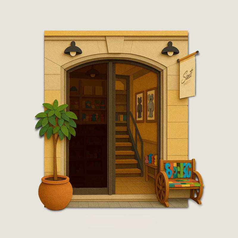 Paper cut illustration of Santé Store with stone doorway, staircase inside and outdoor colourful bench