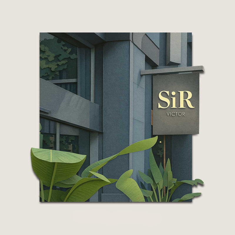 Paper cut illustration of Sir Victor Hotel entrance with grey architectural lines, plants and hanging sign