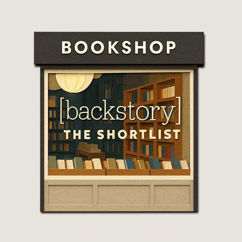 Paper cut illustration of The Shortlist Bookshop with front window full of books and warm interior shelves